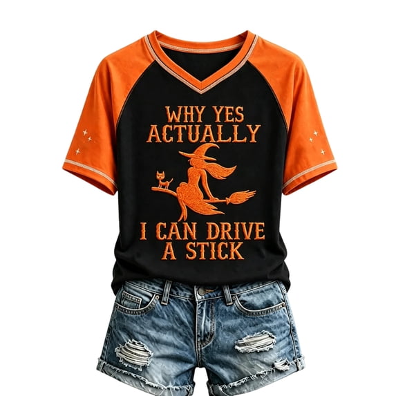 Textilo Halloween Print T-Shirt for Women Raglan Short Sleeve V-Neck Shirts Witch Graphic T-Shirt Comfort Funny Spooky Season Vintage Tee Tops