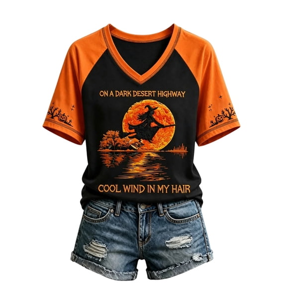 Textilo Halloween Print T-Shirt for Women Raglan Short Sleeve V-Neck Shirts Witch Graphic T-Shirt Halloween Funny Spooky Season Vintage Top