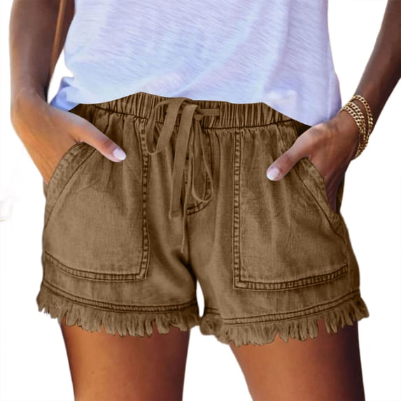Textilo Jean Shorts for Womens Elastic Waist Drawstring Frayed Hem Denim Shorts with Pockets High Waisted Jean Shorts Summer Casual Lightweight Comfy Hot Short,Khaki XL
