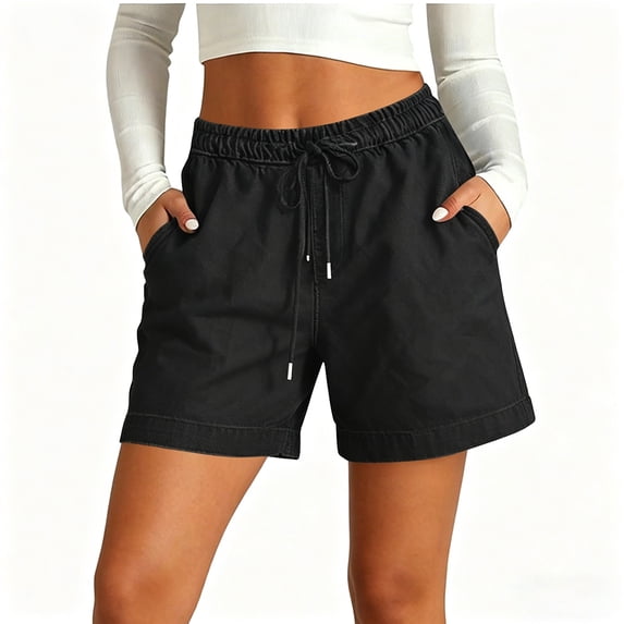 Textilo Jean Shorts for Womens Elastic Waist Drawstring Jorts with Pockets High Waisted Jean Shorts Soft Lounge Summer Casual Baggy Outfits,Black L
