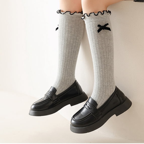 Textilo Lace Ruffle Knee High Socks Girls Bow Frilly Trim Cute Lovely Dress Lolita Novelty High Tube Socks,Gray L(6-8Years)
