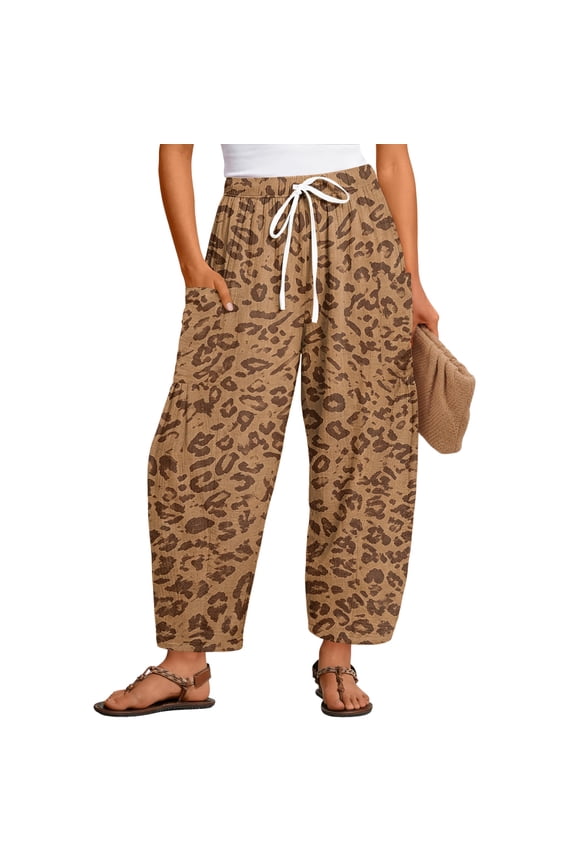 Leopard Pants for Women Wide Leg Cheetah Print Pant with Side Pockets Drawstring Elastic Waist Trousers Comfy Loose Fit Fall Winter Casual Lounge Slacks