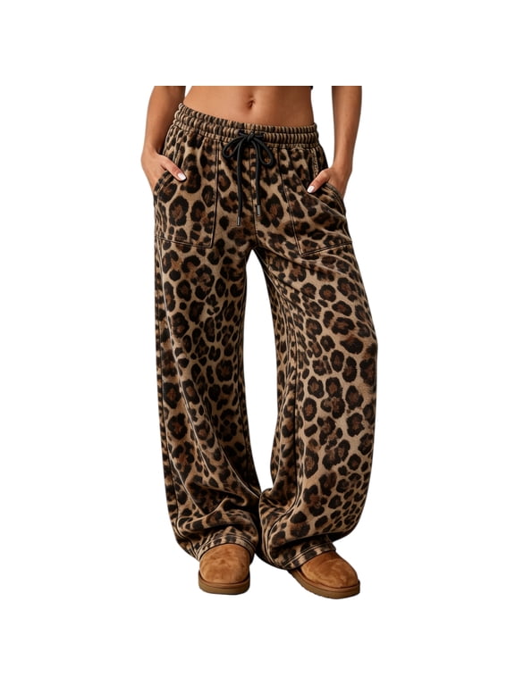 Leopard Sweatpants for Women Cheetah Print Wide Leg Pants with Side Pockets Drawstring Elastic Waist Joggers Baggy Comfy Casual Lounge Fall Winter Slacks,Light Brown XL