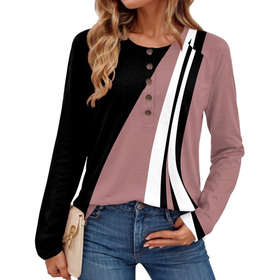 Textilo Long Sleeve Shirts for Women Casual Crew Neck Button Top Loose Fit Henley T-Shirt Holiday Spring Fashin Dressy