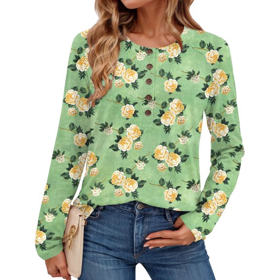 Textilo Long Sleeve Shirts for Women Casual Crew Neck Button Tops Loose Fit Henley Blouses Work Floral Printed Spring Fashin Clothing