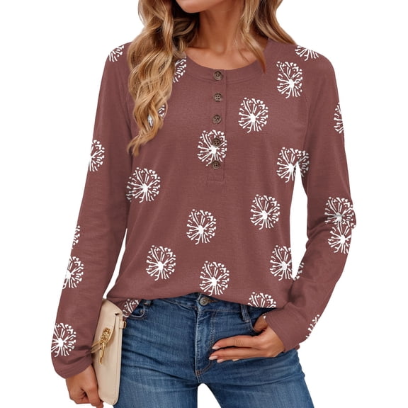 Textilo Long Sleeve Tops for Women Casual Crew Neck Button Top Loose Fit Henley T-Shirt Business Work Floral Printed Spring Fashin Pullover