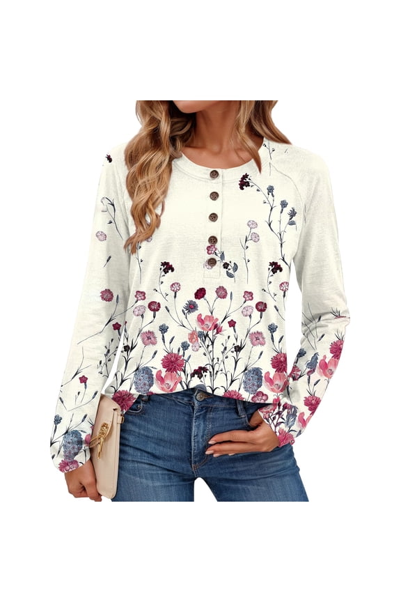 Long Sleeve Tops for Women Casual Crew Neck Button Tops Loose Fit Henley Blouses Business Work Floral Printed Spring Fashin Clothing