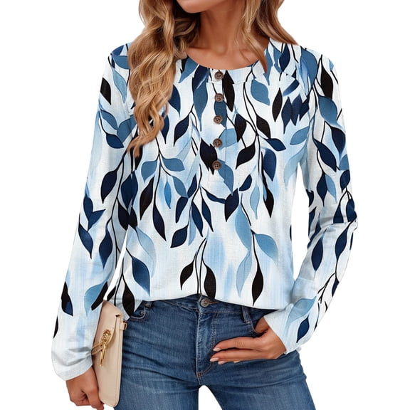 Textilo Long Sleeve Tops for Women Casual Crew Neck Button Tops Loose Fit Henley Shirts Business Work Floral Printed Spring Fashin Clothes