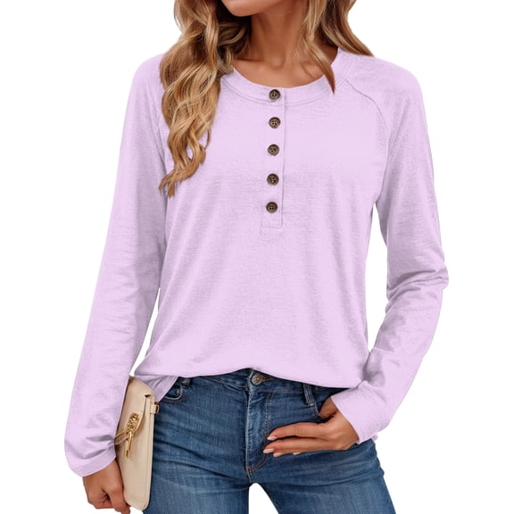 Textilo Long Sleeve Tops for Women Lounge Crew Neck Button Top Loose Fit Henley Shirts Holiday Solid Color Fall Fashin Clothing