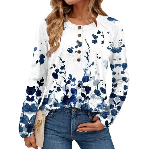 Textilo Long Sleeve Tops for Women Lounge Crew Neck Button Tops Loose Fit Henley Blouses Work Floral Printed Fall Fashin Dressy