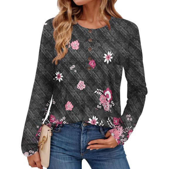 Textilo Long Sleeve Tops for Women Lounge Crew Neck Button Tops Loose Fit Henley Shirts Holiday Floral Printed Spring Fashin Clothing