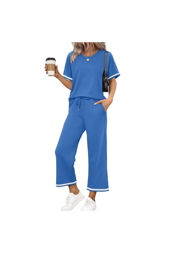 Matching Sets Women Clothing Casual Spring Set Travel Vacation Short Sleeve T-Shirts Work Wide Leg Pants Outfits Blue 2XL
