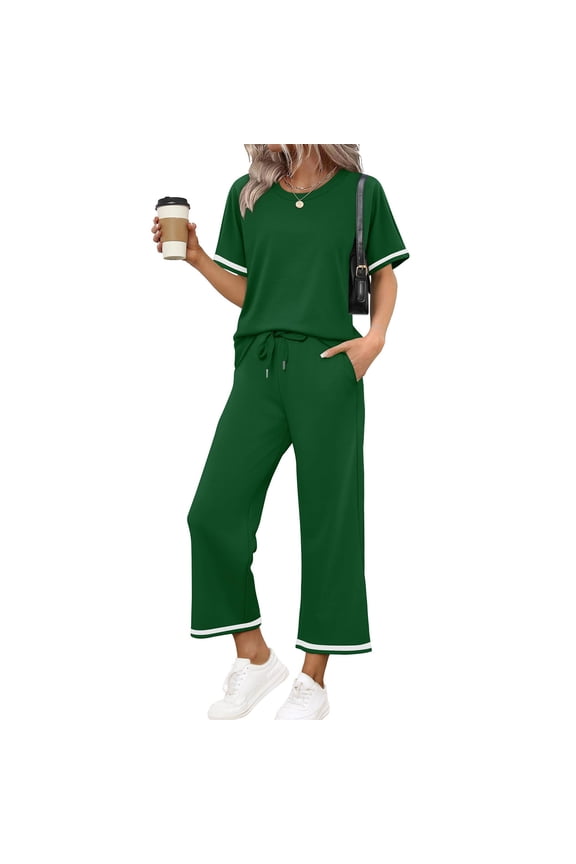 Matching Sets Women Clothing Lounge 2026 Summer Set Travel Short Sleeve T-Shirt Athletic Wide Leg Pants Outfits Green S