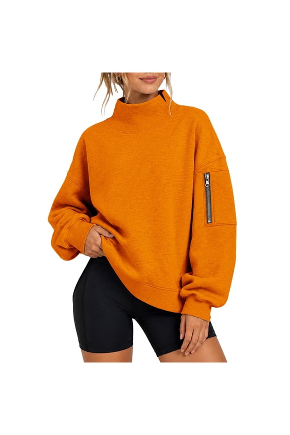Mock Neck Sweatshirt for Women Long Sleeve Sweatshirts with Zipper Pocket Solid Color Side Slit Sweater Trendy Fall Winter Lightweight Loose Fit Clothes,Orange M