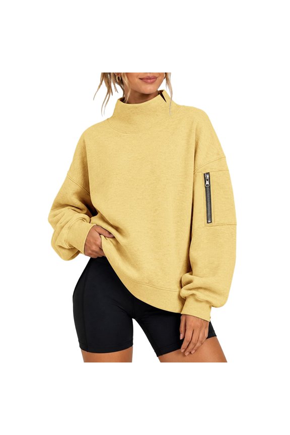 Mock Turtleneck Sweatshirt for Women Long Sleeve Sweatshirts with Zipper Pocket Solid Color Side Slit Pullover Tops Loose Fit Fall Winter Cute Y2k Fashion Outfits,Yellow M