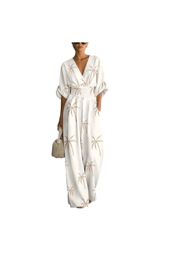 One Piece Jumpsuits for Women 3/4 Sleeve Deep V Neck One Piece Overalls with Pockets Wide Leg Rompers Jumpers Dressy Casual Loose-Fit 2026 Fashion Summer Travel Overalls,Beige S