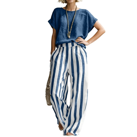 Textilo Outfits 2 Piece for Women Cotton Linen Striped T-Shirts Pants Outfits Short Sleeve Wide Leg Sets Travel Summer Vacation Loose-Fit Walking Tracksuit,Navy 2XL