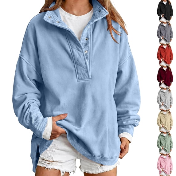 Textilo Oversized Sweatshirt for Women Henley Neck Half Button Pullover Top Long Sleeves Drop Shoulder Stand Collar Sweatshirts Loose Fit Casual Fall Winter 2026 Comfy Outfits,Beige XL