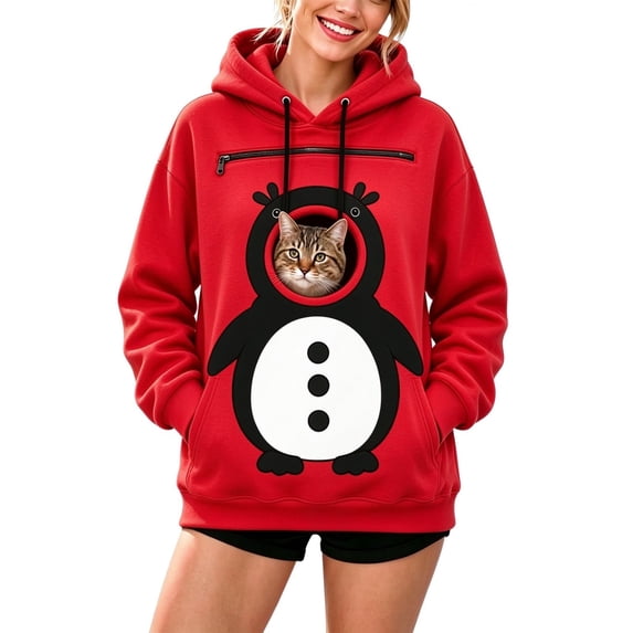 Textilo Pet Pouch Christmas Hoodie for Women Men Zip Up Long Sleeve Carrier Hoodie with Kangaroo Pockets Drawstring Santa Holiday Funny Cute Christmas Cat Pouch Hoodie