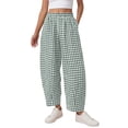 thumbnail image 1 of Textilo Plaid Barrel Pants for Women Straight Wide Leg Trouser with Pockets Elastic High Waisted Pants Lounge Spring Fashion Beach Flowy Bottoms,Green S, 1 of 2