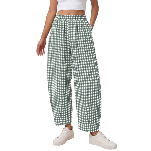 Textilo Plaid Barrel Pants for Women Straight Wide Leg Trouser with Pockets Elastic High Waisted Pants Lounge Spring Fashion Beach Flowy Bottoms,Green S