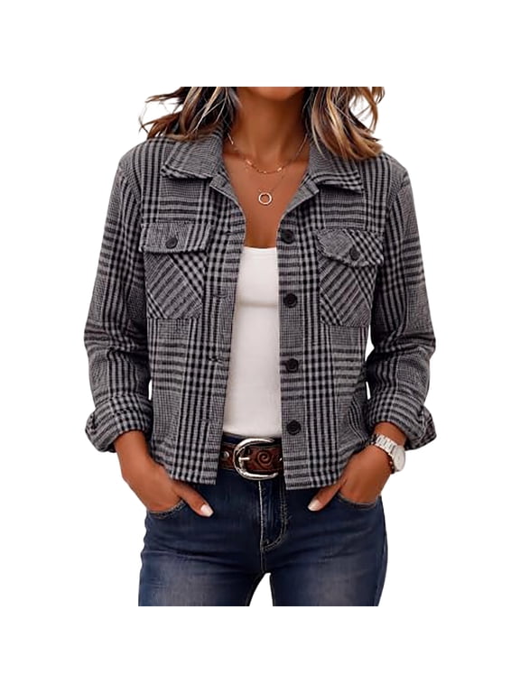 Plaid Cropped Jacket for Women Long Sleeve Button Down Coats with Pockets Collared Crop Shackets Fall Winter Warm Loose Casual Trendy Outwear,Dark Gray L