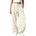 thumbnail image 1 of Textilo Polka Dot Pants for Women Wide Leg Elastic High Waisted Sweatpants with Pockets Drawstring Joggers Fall Winter Loose Fit Baggy Comfy Casual Slacks,Beige 4XL, 1 of 5