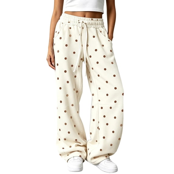 Textilo Polka Dot Pants for Women Wide Leg Elastic High Waisted Sweatpants with Pockets Drawstring Joggers Fall Winter Loose Fit Baggy Comfy Casual Slacks,Beige 4XL
