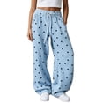 thumbnail image 1 of Textilo Polka Dot Sweatpants for Women Wide Leg Elastic High Waisted Pant with Pockets Drawstring Trousers Comfy Loose Fit Fall Winter Casual Lounge Clothes,Light Blue S, 1 of 5