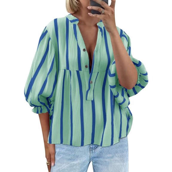 Textilo Puff Sleeve Babydoll Tops for Women Striped Button Down Blouse V Neck 3/4 Puff Ruffle Sleeve Shirts Trendy Flowy Casual Loose Fit Summer Top,Green S