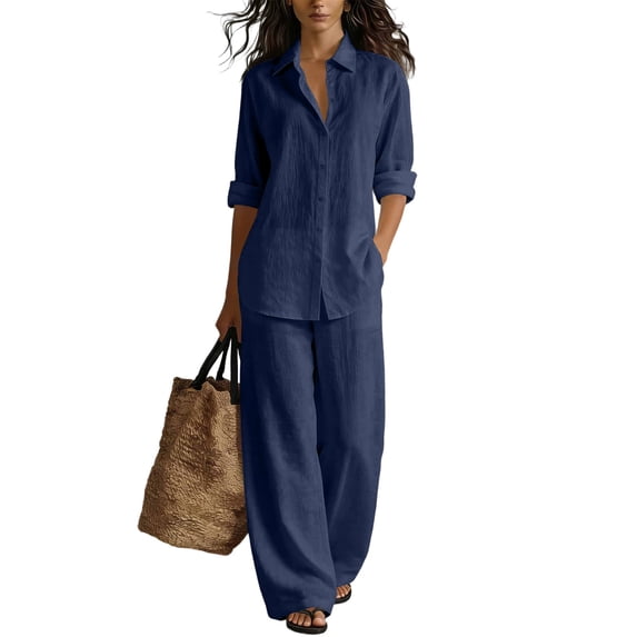 Textilo Sets 2 Piece Outfits for Women Cotton Linen Button Up Long Sleeve Shirts and Pants with Pockets Wide Leg Elastic Waist Sets Summer Travel Vacation Breathable Loose Walking Wear,Dark Blue L