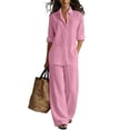 thumbnail image 1 of Textilo Sets 2 Piece Outfits for Women Cotton Linen Button Up Long Sleeve Shirts Pants with Pockets Wide Leg Elastic Waist Sets Travel Spring Summer Vacation Loose-Fit Walking Activewear,Pink 2XL, 1 of 4
