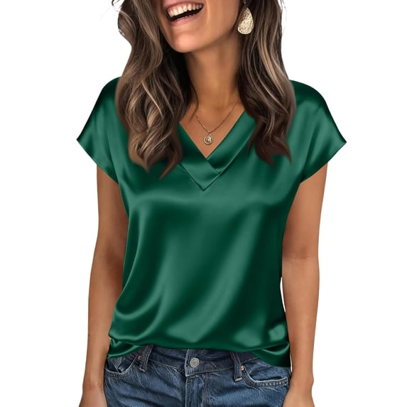 Textilo Silk Satin Blouses for Women Cap Short Sleeve V Neck Blouses Solid Color T Shirts Trendy Elegant Business Work Loose Pullover Tops,Green 2XL
