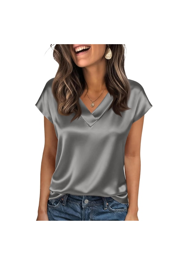 Silk Satin Dressy Casual Tops for Women Cap Short Sleeve V Neck Tops Solid Color Shirts Business Work Casual Summer Loose Pullover Tops,Gray XL
