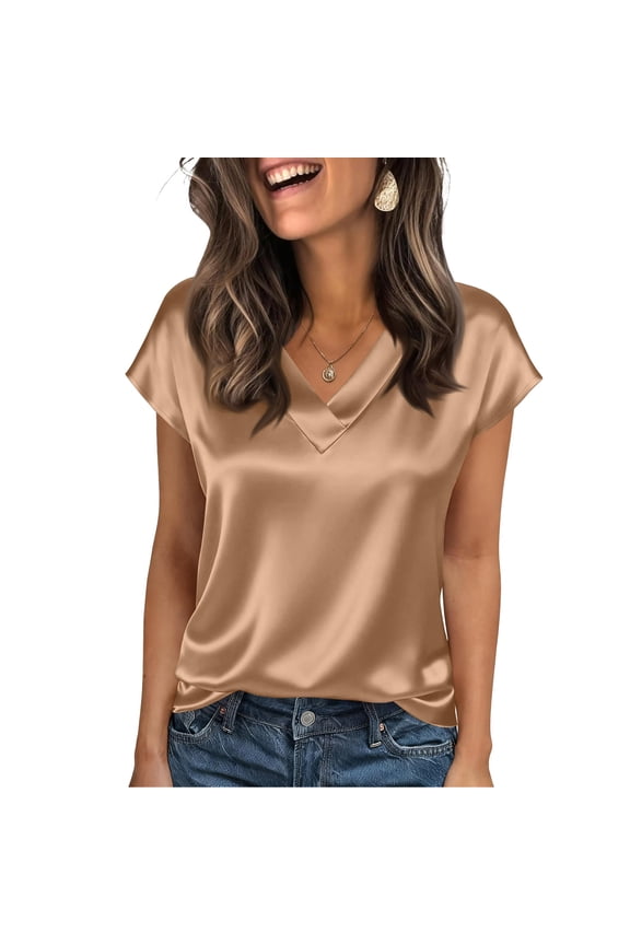 Silk Satin Dressy Casual Tops for Women Cap Short Sleeve V Neck Tops Solid Color T Shirts Summer Business Work Loose Classic Top,Camel M