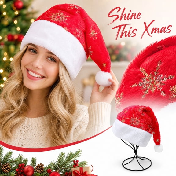 Textilo Snowflake Santa Hat with Sequin Christmas Hat Thickened Soft Snowflakes Xmas Gift for Women Men Adult