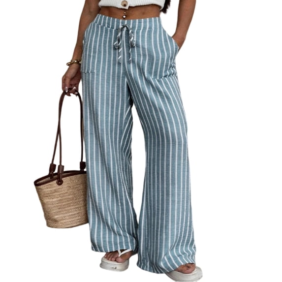 Textilo Summer Casual Striped Pants for Women Wide Leg Drawstring Pant with Pockets Elastic Waist Trouser Lightweight Comfy Lounge Summer Beach Boho Clothes,Blue L