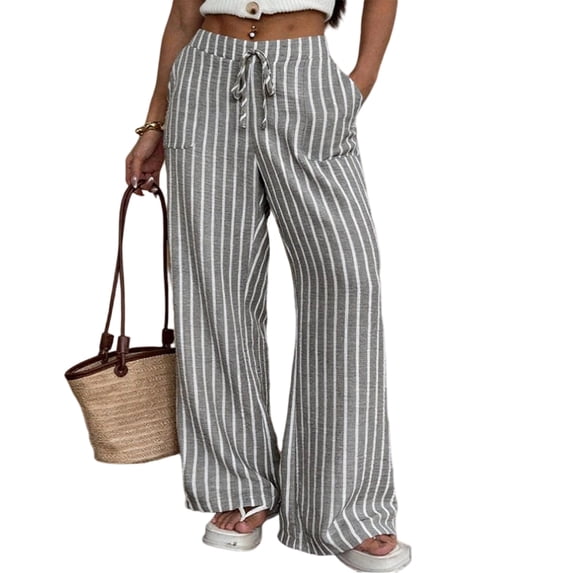 Textilo Summer Casual Striped Pants for Women Wide Leg Drawstring Pant with Pockets Elastic Waist Trouser Summer Beach Vacation Comfy Lounge Boho Clothes,Gray 2XL