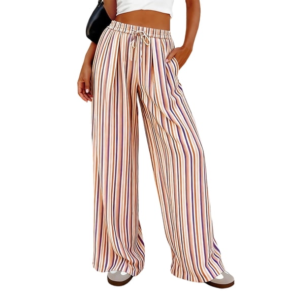 Textilo Summer Casual Striped Pants for Women Wide Leg Drawstring Pants with Pockets Elastic Waist Trousers Loose Fit Lounge Comfy Summer Vacation Outfits,Khaki L