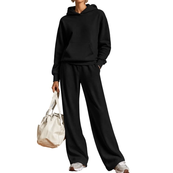Textilo Sweat Suits for Wowomen Hooded Long Sleeve Hoodie and Elastic Waist Wide Leg Sweatpants Sets with Pockets Tracksuit Set 2026 Fall Winter Loose Lounge Comfy Workout Outfits,Black 2XL