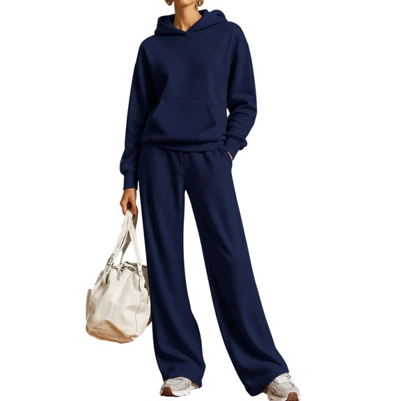 Textilo Sweat Suits for Wowomen Hooded Long Sleeve Hoodies and Elastic Waist Wide Leg Sweatpants Set with Pockets Sweatsuits Casual Warm 2026 Fall Winter Y2k Workout Lounge Set,Navy 2XL