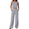 thumbnail image 1 of Textilo Two-Piece Set for Women Cotton Linen Sleeveless Crewneck Crop Top Drawstring Wide Leg Pants Elastic High Waisted Set Travel Lounge Summer Vacation Loose-Fit Walking Tracksuit,Gray 2XL, 1 of 6