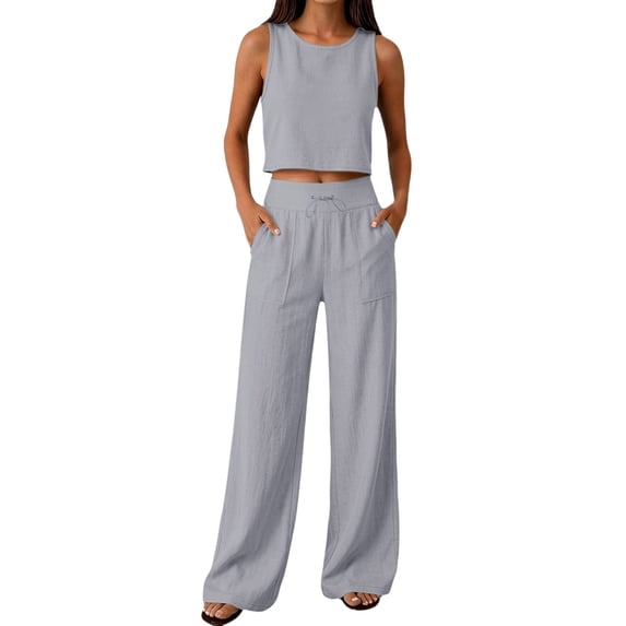 Textilo Two-Piece Set for Women Cotton Linen Sleeveless Crewneck Crop Top Drawstring Wide Leg Pants Elastic High Waisted Set Travel Lounge Summer Vacation Loose-Fit Walking Tracksuit,Gray 2XL