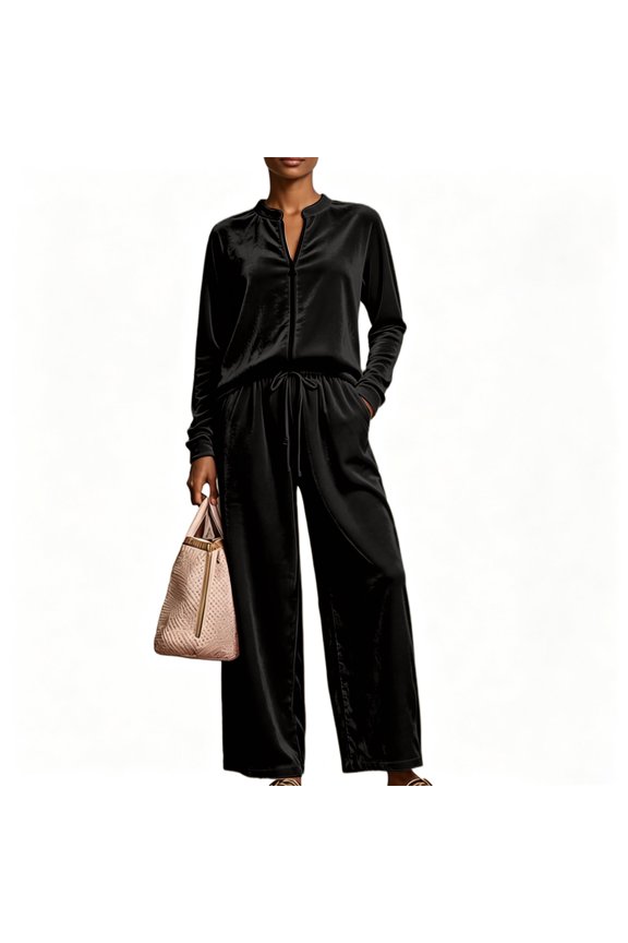 Velour Set for Women Long Sleeve Zip Up Top and Wide Leg Drawstring Pants with Pockets High Waist Set Cozy Loose-Fit Breathable Summer Travel Casual Activewear,Black 2XL