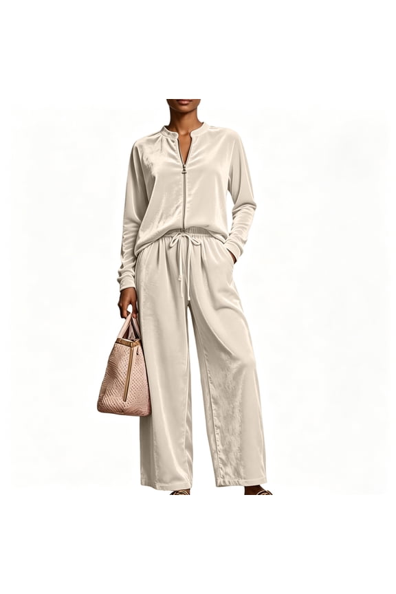 Velour Set for Women Long Sleeve Zip Up Top and Wide Leg Drawstring Pants with Pockets High Waist Sets Travel Spring Summer Vacation Loose-Fit Walking Clothes,Beige M