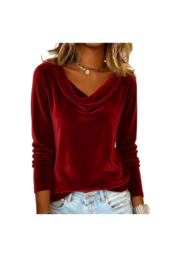 Velvet Tops for Women Casual Long Sleeve Top Solid Blouses Fall Winter Trendy Cowl Neck Drape Ruched Front Cocktail Evening Party Dressy S