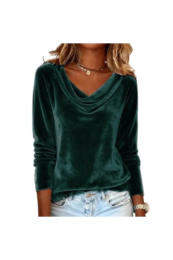 Velvet Tops for Women Casual Long Sleeve Top Solid Blouses Fall Winter Trendy Cowl Neck Drape Ruched Front Cocktail Evening Party Dressy XL