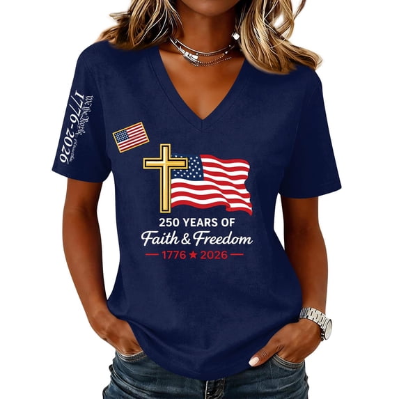 Textilo We the People T-Shirt for Women Short Sleeve V-Neck Shirts American Flag Design T-Shirt 250 Years Of Freedom Cross Patriotic Tee,Navy 2XL