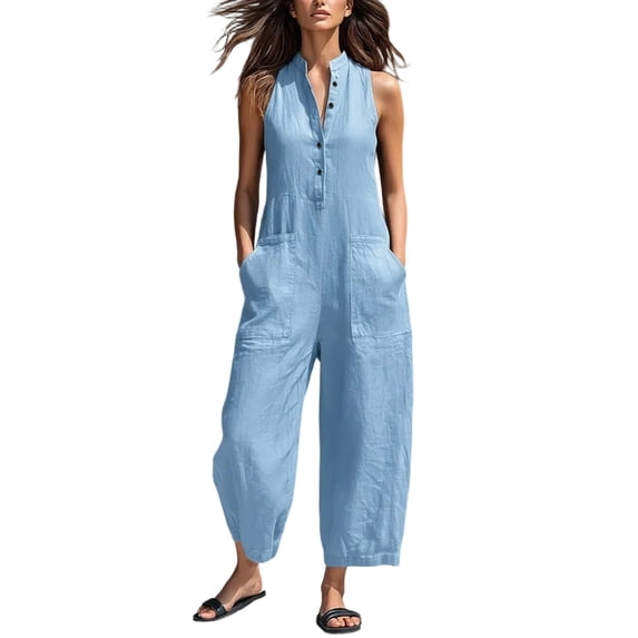 Textilo Wide Leg Jumpsuits for Women Sleeveless Button Down V Neck Jumpsuits Cotton Linen Stand Collared Long Overall with Pockets Casual Summer Loose Fit Work Party Outfit,Sky Blue 2XL
