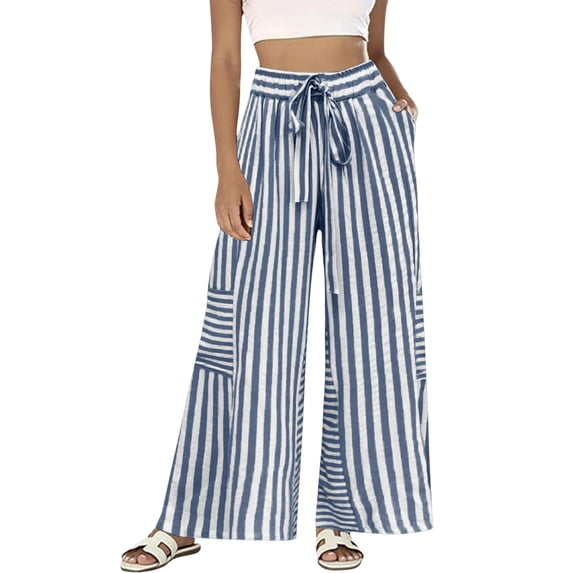 Textilo Wide Leg Striped Palazzo Pants for Women Drawstring Elastic Waist Pants with Pockets Palazzo Trousers Lightweight Comfy Lounge Summer Beach Boho Clothes,Blue XL